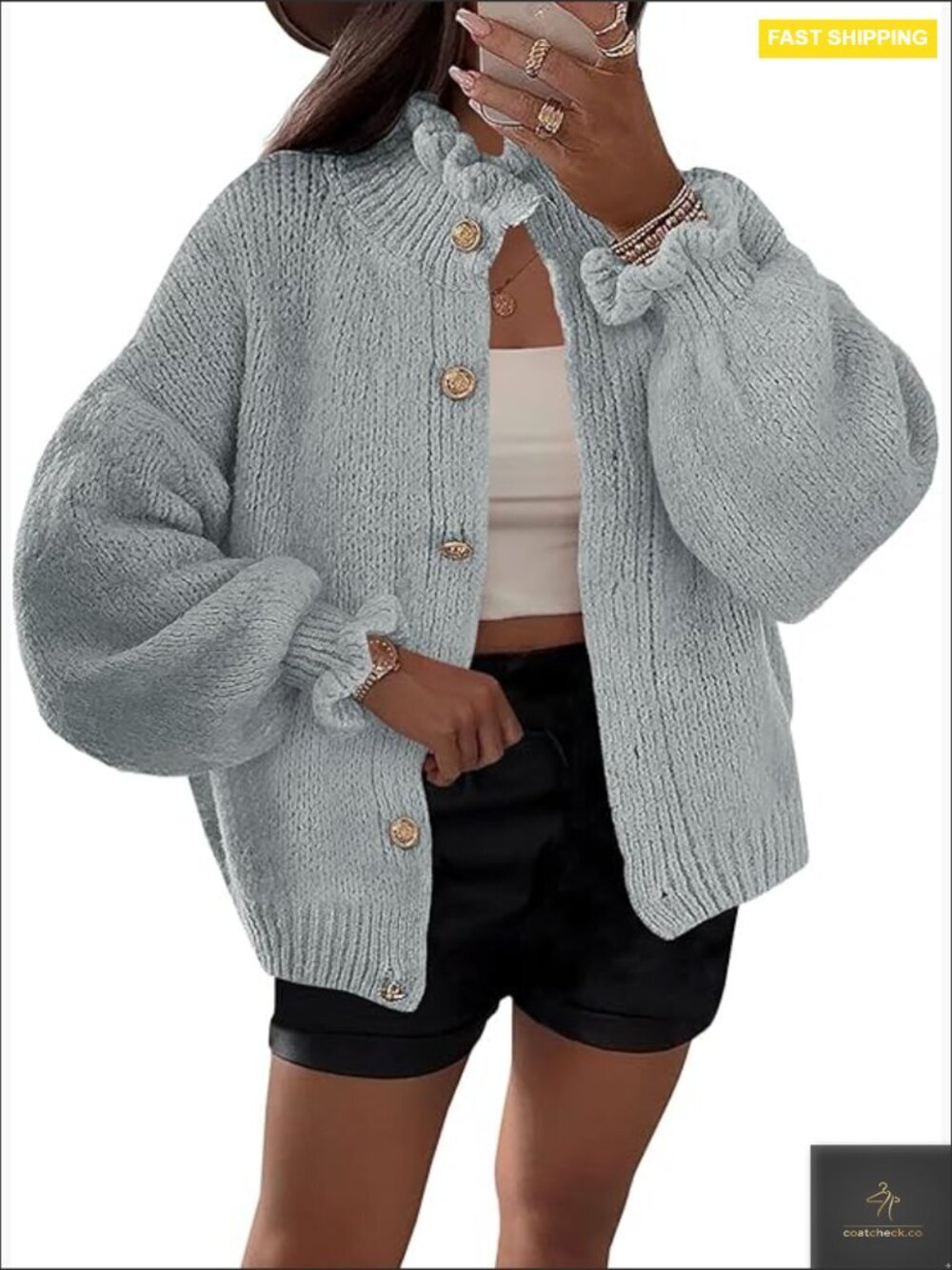 Oversized Ruffle Cardigan Button Up Ribbed Knit Open Front Long Sleeve Sweater